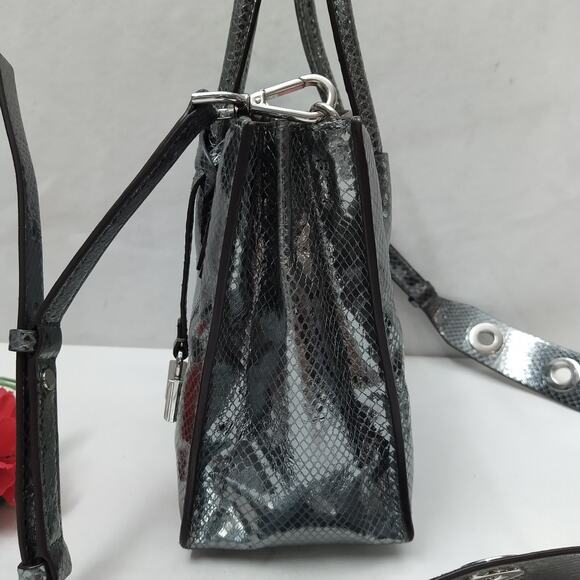 MICHAEL KORS Mercer Metallic Gray Leather Snakeskin Embossed Crossbody Bag - Picture 7 of 16